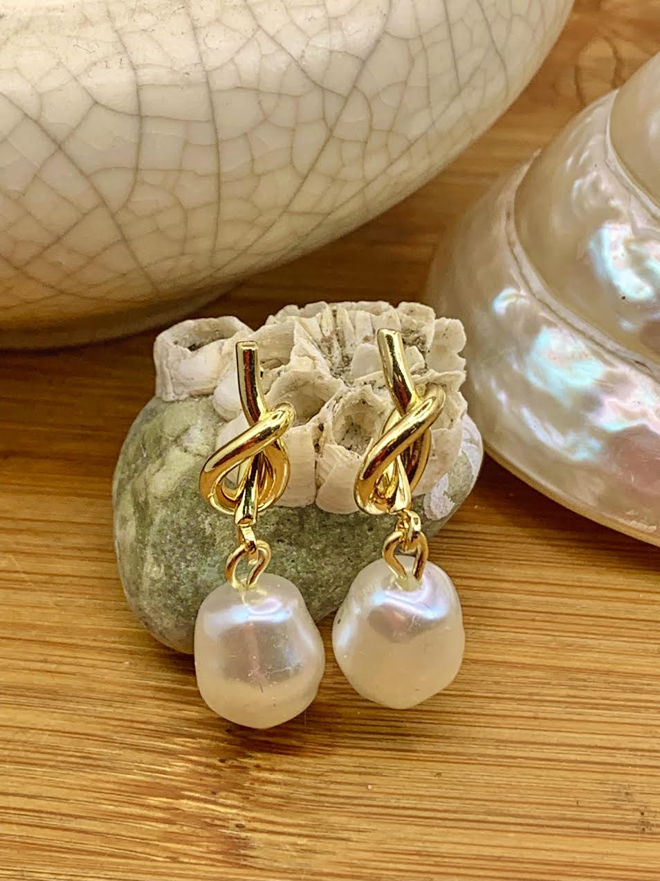 Gold Knotted Rope Pearl Dangling Studs