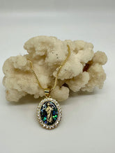 Load image into Gallery viewer, Pink, White, and Abalone Shell Virgin Mary Necklace
