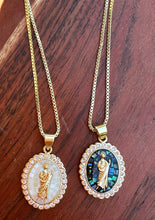 Load image into Gallery viewer, Pink, White, and Abalone Shell Virgin Mary Necklace
